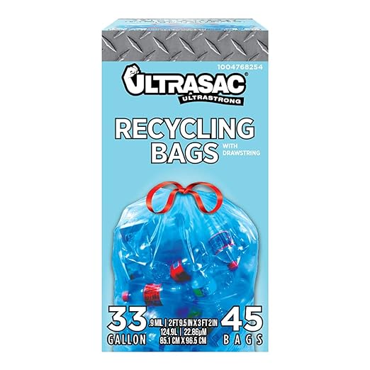 Ultrasac Blue Recycling Bags 33 Gallon 0.9 MIL, 33.5" x 38" - Pack of 45 - For Recycling, Kitchen, Industrial, & Commercial