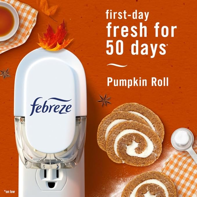 Febreze Plug In Air Freshener, Odor-Fighting Scented Oil Refill, Air Fresheners for Home and Bathroom and Kitchen, Long Lasting for Strong Odors, Pumpkin Roll Scent, 0.87oz Refills, 2 Count