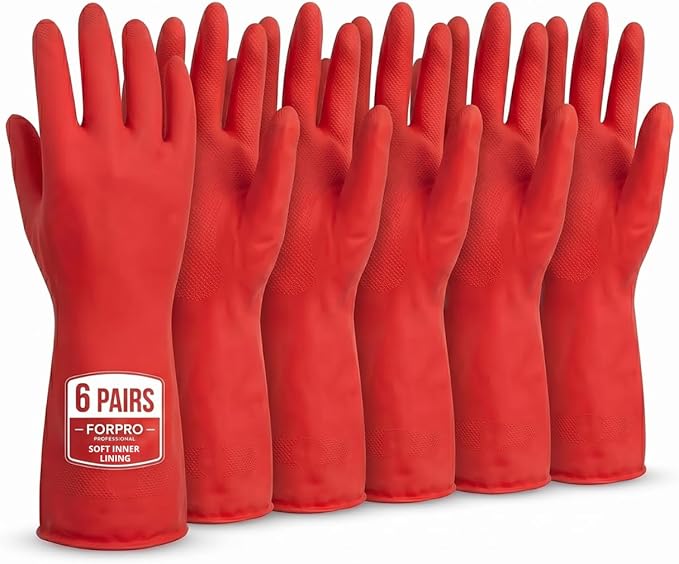 ForPro Natural Rubber Gloves, 6 Pairs Reusable Multi-Purpose Household Cleaning Gloves with Soft Inner Lining, Waterproof & Chemical-Resistant, Wild Cherry, Small