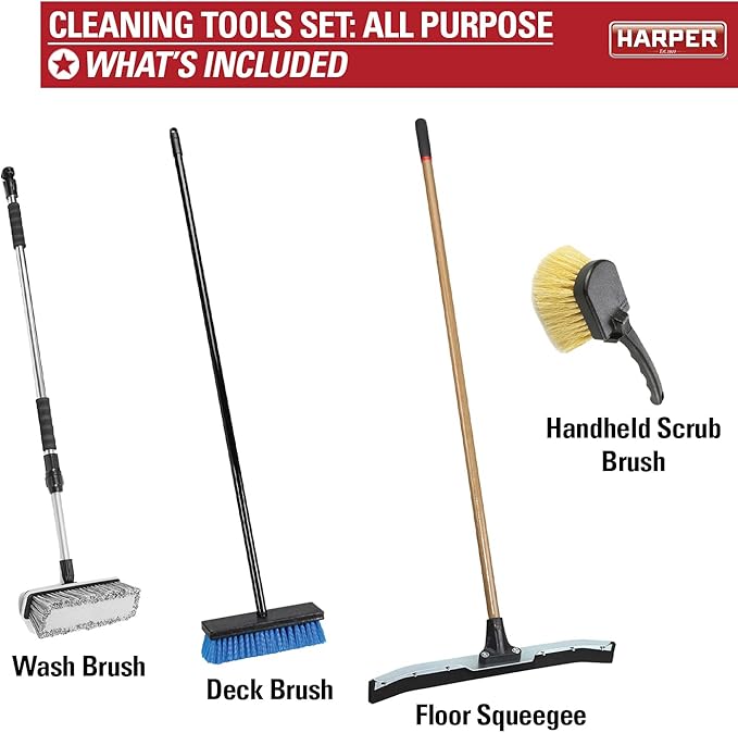 Harper 37518700 All-Purpose Scrubbing & Squeegee Brush Set with 10 in. Wash Brush with Flow-Through Handle, 24 in. Floor Squeegee, 10 in. Deck Brush and 8 in. Handheld Scrub Brush