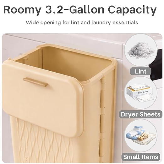 Magnetic Lint Bin for Laundry Room, Extra Large Foldable Lint Trash Can with Lid and Dryer Lint Brush, Wall Mounted Laundry Room Organization and Storage, Peach