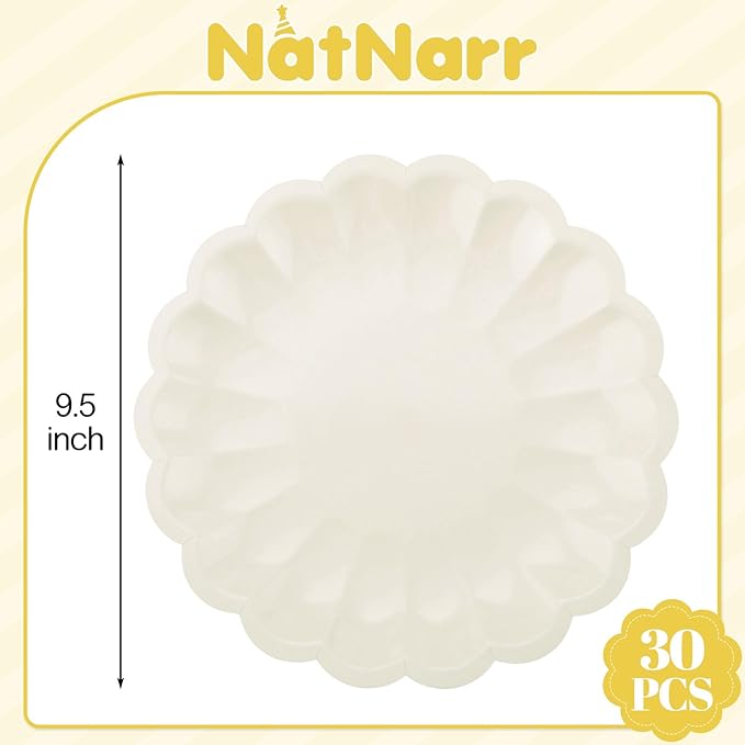 NatNarr 30 Pcs Ivory Paper Plates 9.5 In Scalloped Party Plates Disposable Heavy Duty Dinner Plates with Shell Edge Cream Plate for Wedding Baby Shower Birthday Party