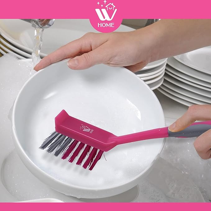 Natural Solution WBM Home Dish Brush, 3-Pack Pink, Nylon Bristles & Handle, Kitchen & Bathroom Cleaning Brushes