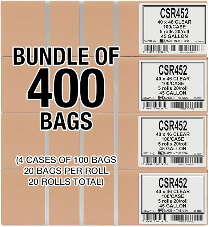 45 Gallon Clear Trash Bags - (Huge 400 Pack) - 40" x 46" - 1.5 MIL (Equivalent) - CSR Series - Heavy Duty Industrial Liners Clear Garbage Bags for Recycling, Contractors, Storage, Outdoor