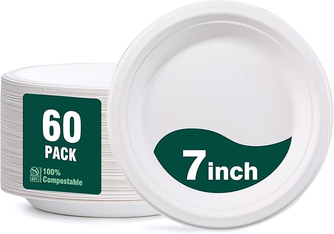 DaYammi 100% Compostable Paper Plates 7 Inch, 60-Pack Heavy Duty Paper Plates Bulk,Biodegradable Bagasse,Eco-Friendly Disposable Dessert Plate for BBQ,Picnic,Party (BPI Certified,Microwaveable)