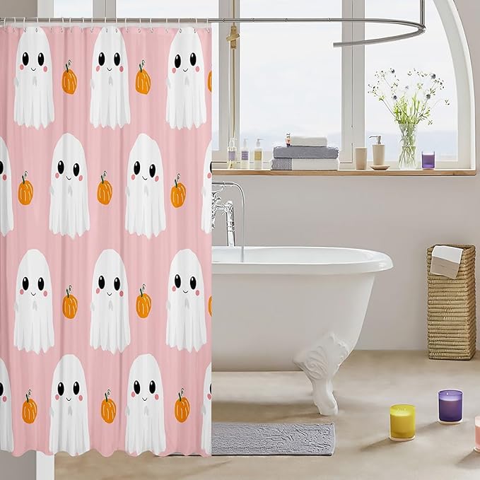 Castle Fairy Cartoon Ghost Shower Curtains,Watercolor Pumpkin Halloween Bath Curtain,Hand Draw Pink White Print Bathroom Decor Set with 12 Hooks for Bathtub,72" Long
