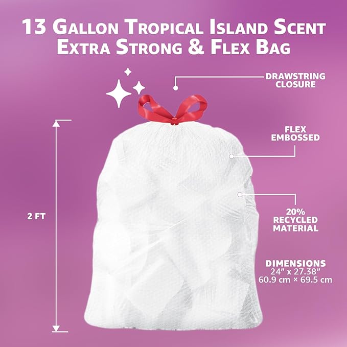 Amazon Basics Extra Strong & Flex Tall Kitchen Drawstring Trash Bags, Tropical Island Scent, 13 Gallon, Tear Resistant with Odor Control, 40 Count