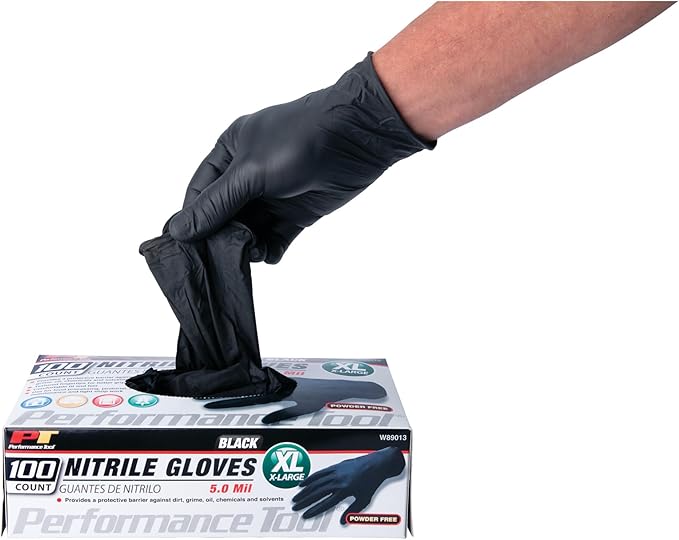 Performance Tool W89013 Black Nitrile Gloves | Disposable, Powder Free, latex rubber free, Textured Fingertips for Better Grip , X-Large | 100pc