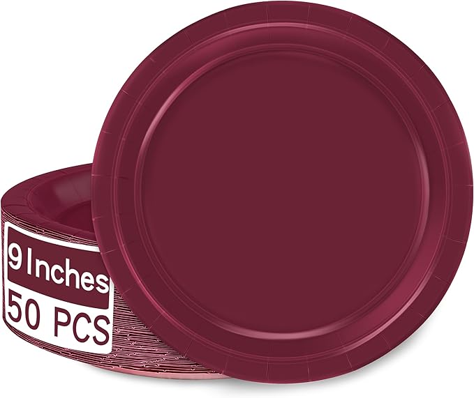 QZYL 50 PCS Paper Plates, Burgundy Heavy Duty Party Plates, Round 9 Inches Disposable Paper Tableware, Everyday Use Plates Set for Daily Meals Wedding Christmas Picnic Supplies