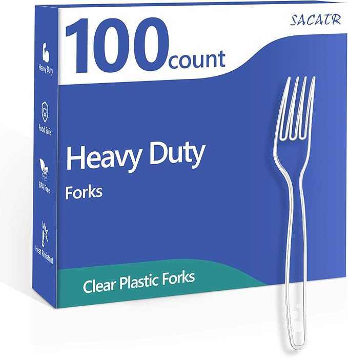 SACATR 100 Count Disposable Plastic Forks,Heavy Duty Plastic Forks, Clear Plastic Silverware, BPA-Free, Heat Resistant, Suitable for Parties, Events and Everyday Use