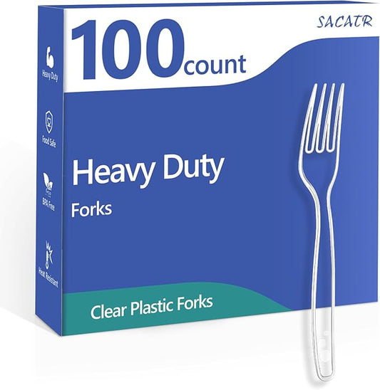SACATR 100 Count Disposable Plastic Forks,Heavy Duty Plastic Forks, Clear Plastic Silverware, BPA-Free, Heat Resistant, Suitable for Parties, Events and Everyday Use