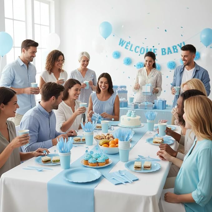 175 Pcs Light Blue Paper Plates and Napkins, Boy Baby Shower Decorations Include Blue Scalloped Plates Napkins Cups for Kindergarten Graduation, Birthday, Bridal Shower, Wedding