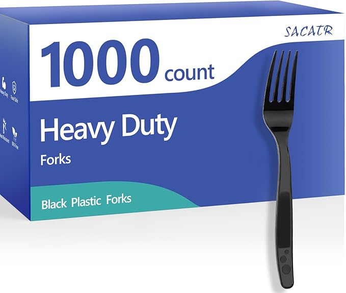 SACATR 1000 Count Black Plastic Forks Heavy Duty, Disposable Bulk Forks, BPA-Free Heat Resistant Cutlery for Restaurant Catering Party Events