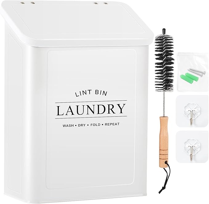 Magnetic Lint Bin for Laundry Room, Metal Lint Container with Lid and Brush, Wall Mounted Lint Box for Dryer, Farmhouse Laundry Room Decor, White