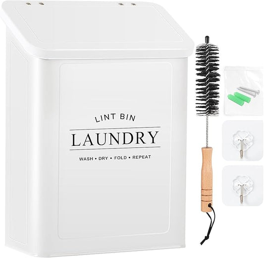 Magnetic Lint Bin for Laundry Room, Metal Lint Container with Lid and Brush, Wall Mounted Lint Box for Dryer, Farmhouse Laundry Room Decor, White