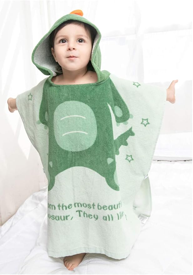TONWHAR Kids Bath/Pool/Beach Hooded Poncho Towel-Cartoon Animal Pattern Cotton Beach Towel for Baby and Kids (Army Green Dinosaur, 5-9 Years/Height:43.3"-51.2")