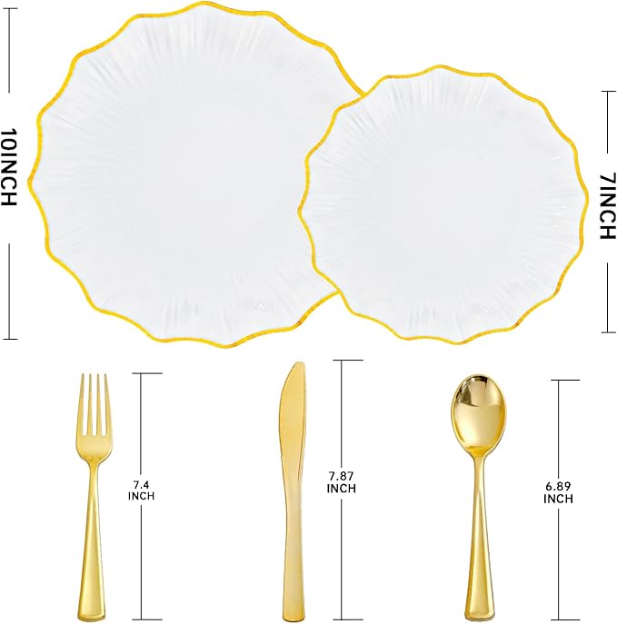 U-QE 150PCS White and Gold Plastic Plates with Gold Disposable Silverware for 30 Guests, Vintage White Plastic Plates Include 30 Dinner Plate,30 Dessert Plate,90 Cutlery for Bridal Shower, Party