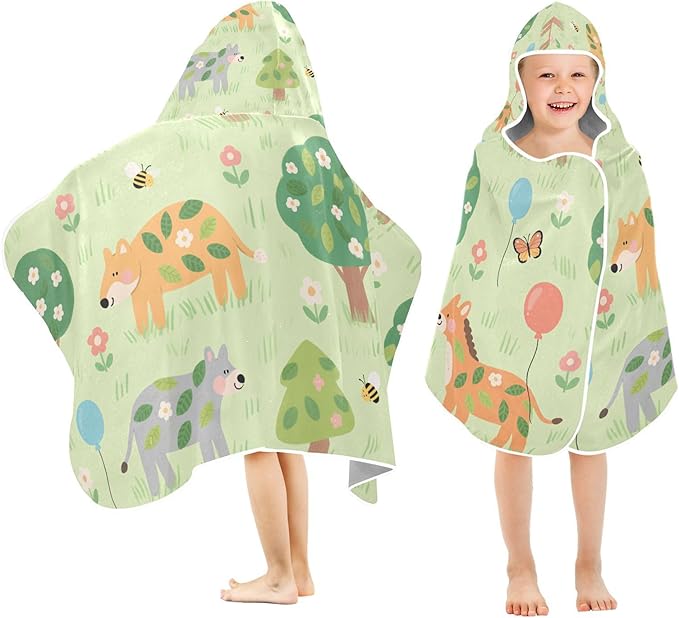 Kids Beach Towels Cartoon Zoo Green Hooded Towels for Kids Quick Dry Bath Towel with Hood