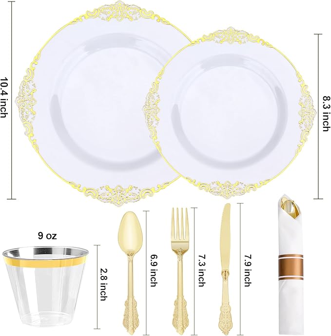 Realluck 350 PCS White and Gold Plastic Plates, Plastic Dinnerware Set for 50 Guests, 100 Disposable Plates, 150 Silverwares, 50 Cups, 50 Napkins for Party, Wedding, Graduation