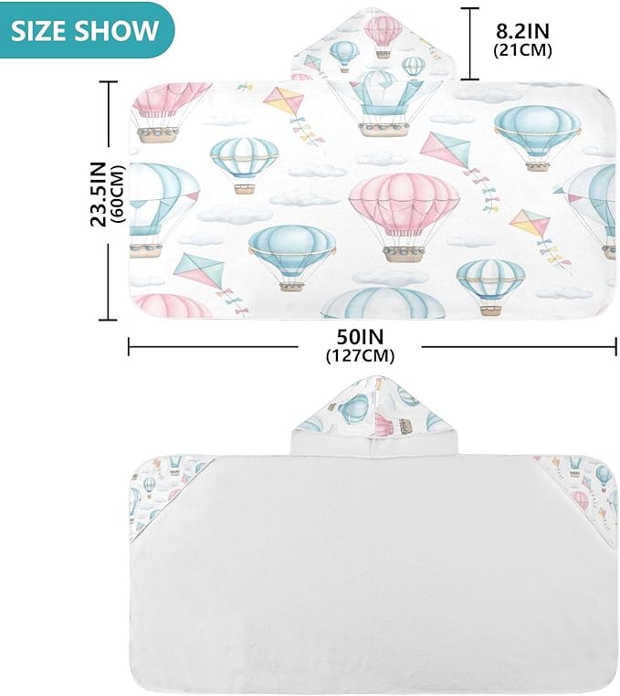 CEBUGI Hot Air Balloons Hooded Bath Towel for Kids Absorbent Soft Bath Towel Wrap with Hood 50x23.5in Pool Beach Shower Towel for Boys Girls