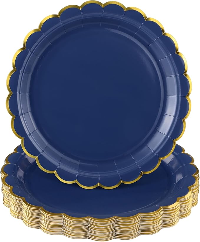 NatNarr 30 Pcs Navy Blue Paper Plates 9 Inch Scalloped Blue and Gold Party Plates Cute Dessert Cake Plate for Men Birthday, Fathers Day, Graduation
