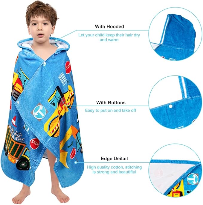 Florica Kids Hooded Bath Beach Towel Girls Boys, Super Absorbent & Soft Towel Poncho for Shower/Beach/Pool Child Cover ups 50"x30" Large Towel Wrap (Blue Vehicle)