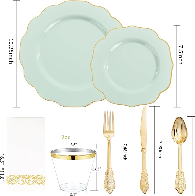NOCCUR 175PCS Sage Green Plastic Plates with Gold Disposable Silverware - Include 50 Green and Gold Plastic Plates,25 Knives,25 Forks,25 Spoons,25 Cups and 25 Napkins - Mother's Day/Spring Party