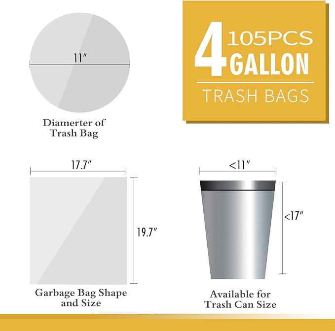 105 Count Small Trash Bags, 4 Gallon Garbage Can Liners - Unscented Wastebasket Clear Trash Bags for Bathroom, Kitchen, Bedroom, Cleaning Supplies (15 Liter)