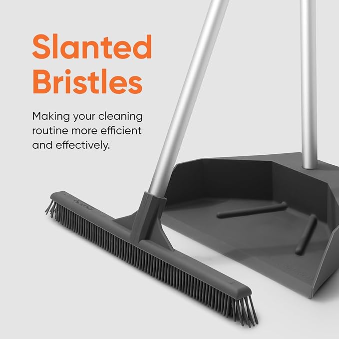 Superio Silicone Dust Pan with 35" Aluminum Long Handle & 16 Pet Hair Remover Silicone Broom - Lobby Dustpan Stand-Up & Carpet Rake Set for Hardwood, Tile, and Rugs - Gray
