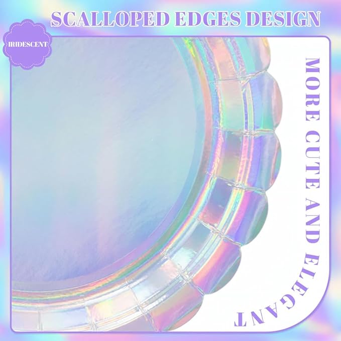 NatNarr 30 Pcs Iridescent Plates Disposable 9 Inch Scalloped Holographic Plates Sliver Birthday Cake Dessert Plate for 2026 Graduation, Mermaid, Disco, Unicorn Birthday