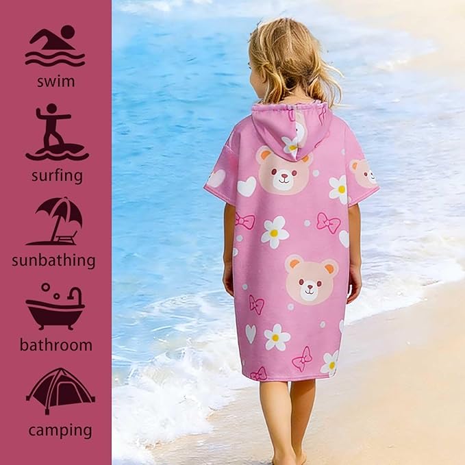 Kids Hooded Poncho Towels, Wearable, Absorbent Hooded Beach Towel for Girls and Boys Girls 7-14 Years Cartoon- Themed Wearable Towel Perfect for Kids At The Bath, Beach