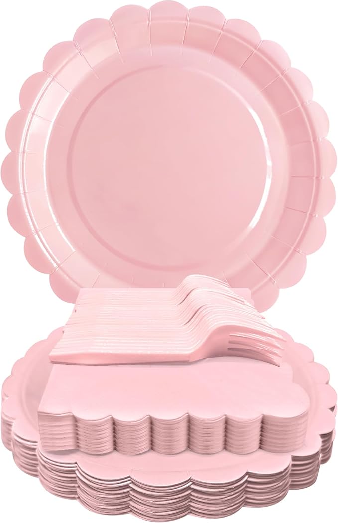 Pink Paper Plates and Napkins,7 Inch Pink Scalloped Disposable Dessert Plates Paper Napkin Fork Party Supplies for Mothers Day Wedding Baby Shower Birthday(25 Guest)