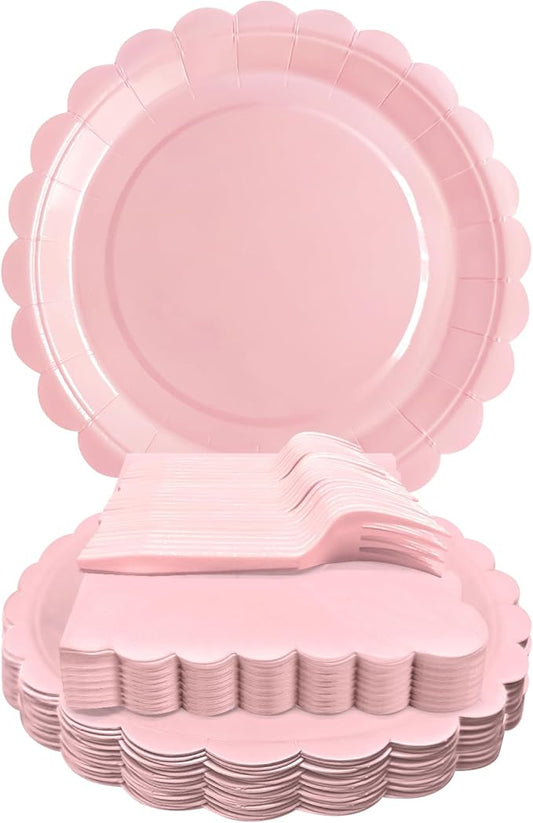 Pink Paper Plates and Napkins,7 Inch Pink Scalloped Disposable Dessert Plates Paper Napkin Fork Party Supplies for Mothers Day Wedding Baby Shower Birthday(25 Guest)