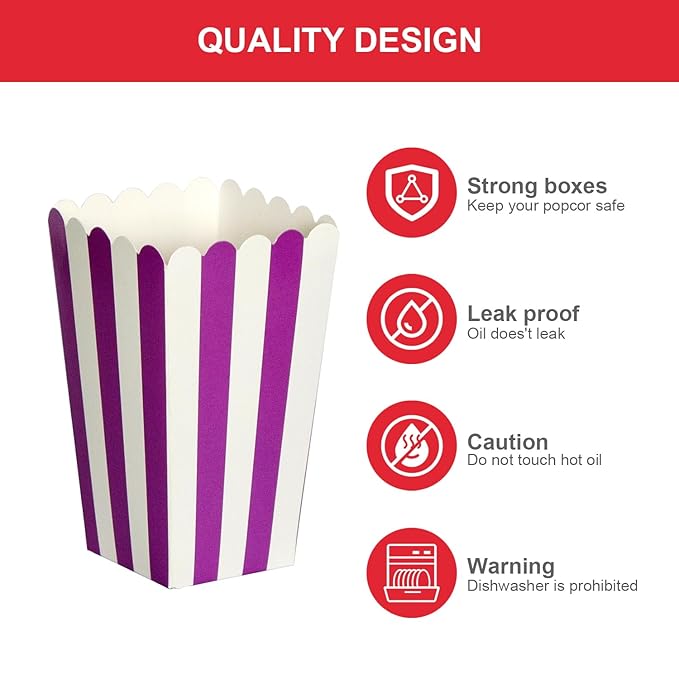 XIEHE 24 Pack Striped Popcorn Boxes - Carnival Parties Mini Paper Popcorn and Candy Containers, Party Supplies for Movie Nights (Purple)