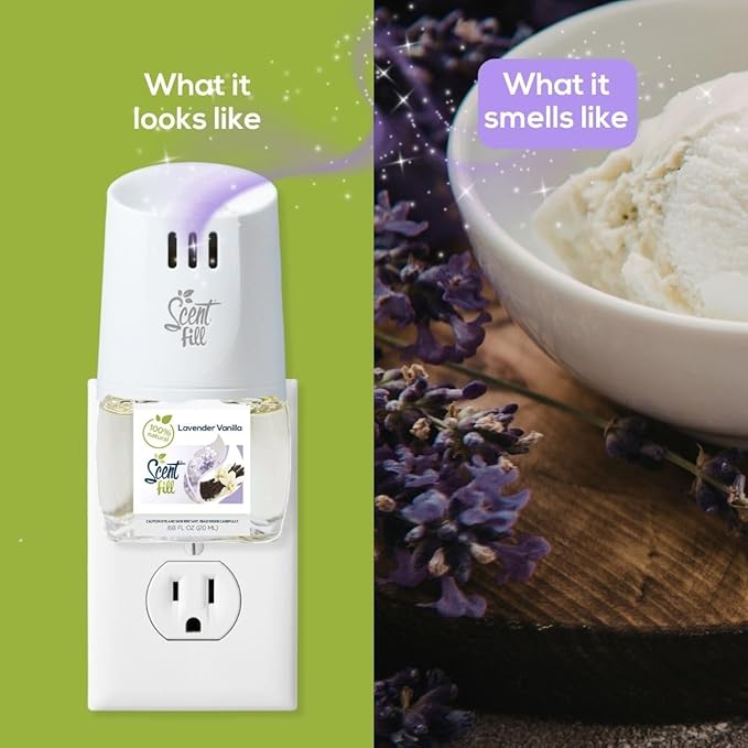 Scent Fill 100% Natural Lavender Vanilla Plug in Air Freshener, Scented Oil Refills, 2 Refills + Diffuser