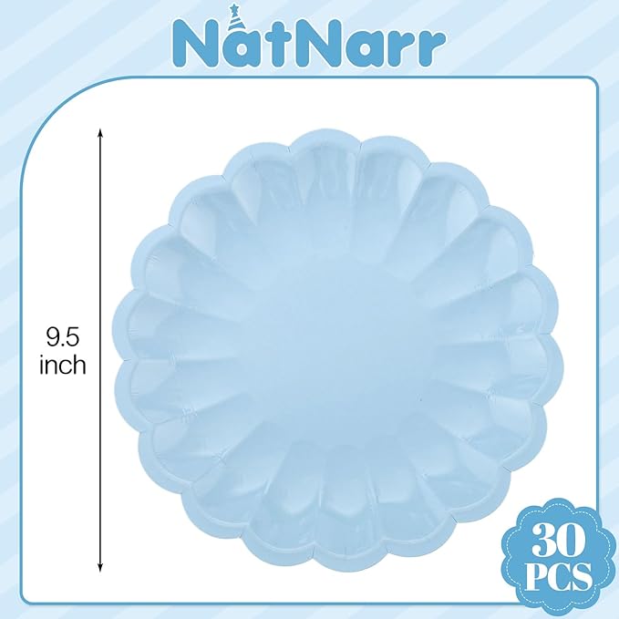 NatNarr 30 Pcs Light Blue Paper Plates 9.5 In Blue Plates Disposable Heavy Duty Scalloped Party Plate with Shell Edge for Wedding Birthday Bridal Shower Boy Baby Shower