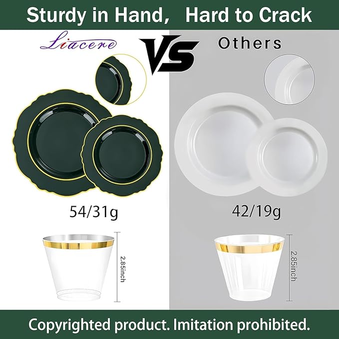 Liacere 350PCS Green Plastic Plates - Dark Green Disposable Plates With Gold Rim - 50Guest Baroque Plastic Dinnerware include 100Plates-50Pcs Pre Rolled Napkins with Silverware 50Cups for Party