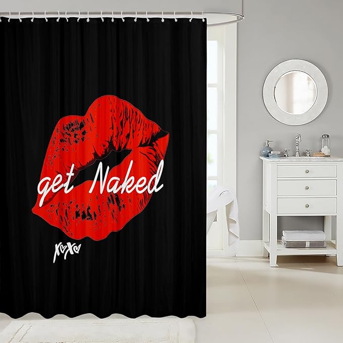 Sexy Red Lips Shower Curtain Get Naked Shower Curtain Set with Hooks for Couple Lover Men Women Funny Quotes Bathroom Curtains Fashion Stylish Black Red White Cloth Fabric Bathroom Decor 72x78 Inch