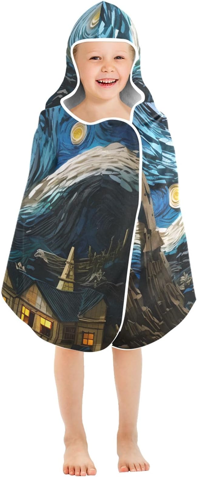 Hooded Towel for Kids Colorful Impressionist Night Sky Landscape Beach Wrap Bath Towels 50x23.5in