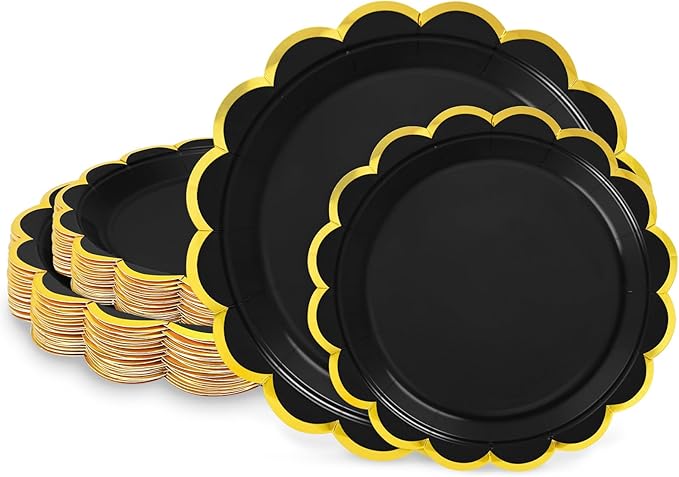 50 Pcs Black Paper Plates, 25 Pcs 9" and 25 Pcs 7" Disposable Halloween Scalloped Plates with Gold Foil for Graduation Wedding Baby Shower Birthday Party Picnic BBQ