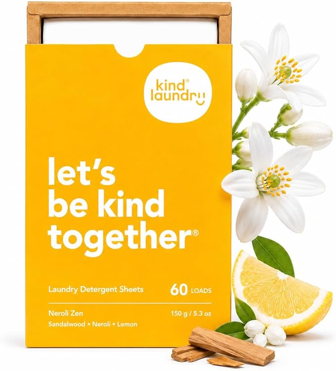 Kind Laundry Detergent Sheets – 60 Loads Neroli Zen, EWG Verified, No Residue After Wash, Eco Plastic-Free Liquidless Laundry Soap, Non-Toxic Formula, for Sensitive Skin, Travel & Dorm Friendly
