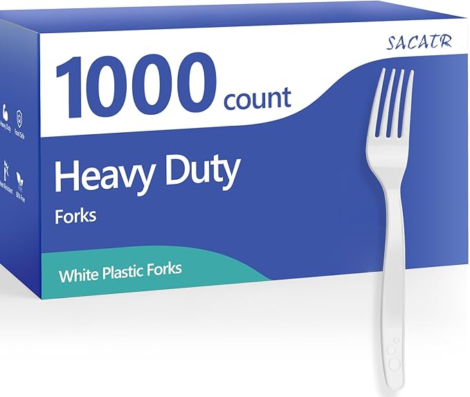 SACATR 1000 Count White Plastic Forks Heavy Duty, Disposable Bulk Forks, BPA-Free Heat Resistant Cutlery for Restaurant Catering Party Events