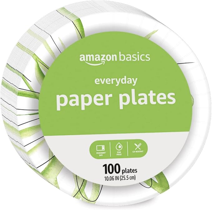 Amazon Basics Everyday Disposable Paper Plates, 10 Inch, Microwave-Safe, Cut Resistant, Soak-Proof, 100 Count