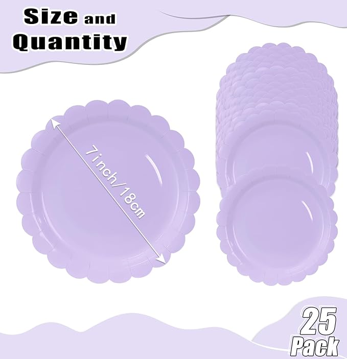 HEIPINIUYE 25 Pieces Light Purple Paper Plates 7 Inch Lavender Scalloped Plates Disposable Dinner Plate for Wedding Baby Shower Birthday Party Dessert Plate