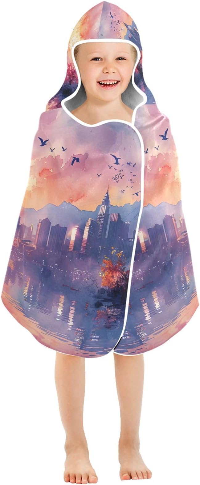 Hooded Towel for Kids Sketch of Bird in City Sky Beach Wrap Bath Towels 50x23.5in