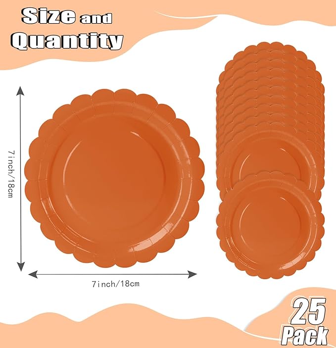 HEIPINIUYE 25 Pieces Orange Paper Plates 7 Inch Fall Orange Scalloped Plates Disposable Dinner Plates for Wedding Baby Shower Birthday Thanksgiving Party Dessert Plates