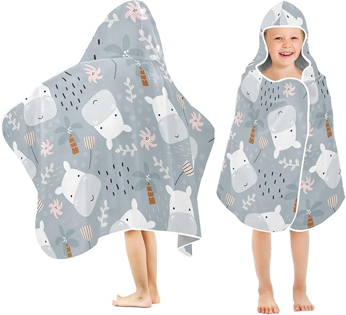 susiyo Kids Hooded Bath Towel Cute Hippo Tropical Plants Beach Towel for Kids 23.5 x 50 Inch Microfiber Soft Absorbent Quick Dry Bath Swim Pool Towel Wrap Poncho Bathrobe with Hood for Kids Toddler