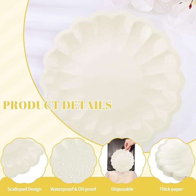 NatNarr 30 Pcs Ivory Paper Plates 9.5 In Scalloped Party Plates Disposable Heavy Duty Dinner Plates with Shell Edge Cream Plate for Wedding Baby Shower Birthday Party