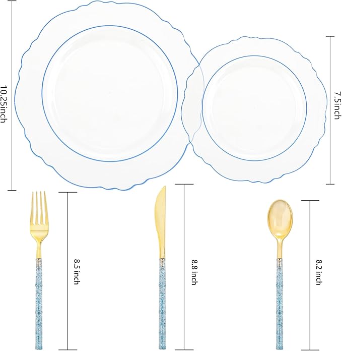 Liacere 150PCS Clear and Blue Plastic Plates-Clear and Blue Disposable Plates with Glitter Bamboo Handle Cutlery-60 Baroque Elegant Plates, 30 Forks, 30 Spoons, 30 Knives for Wedding&Party&Mothers Day