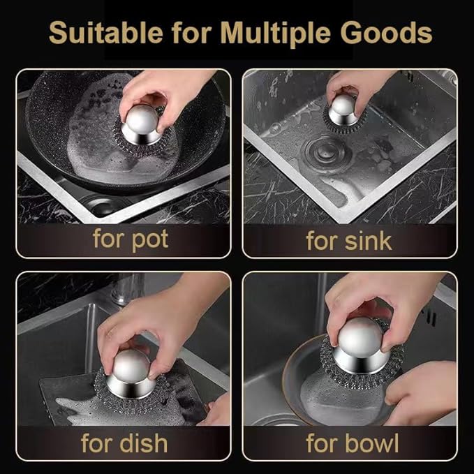 2Pack Steel Wool Dish Scrubber, Stainless Steel Dish Brush with Ergonomic Stainless Steel Handle, for Cleaning Dishes, Cast Iron, Stock Pots, Pans, Griddles, Grills